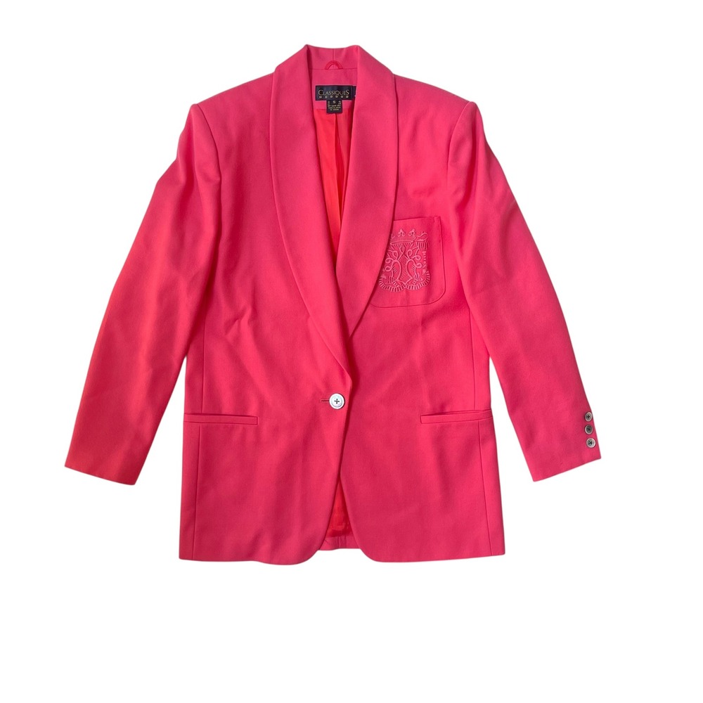 Classiques‎ Entier Wool Blazer Hot Pink Embroidered Pocket Shawl Collar S
